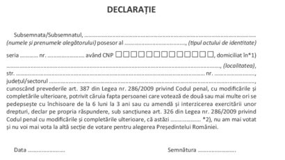Declaraţia pe propria răspundere pentru votanţii din diaspora, disponibilă pentru descărcare de pe internet