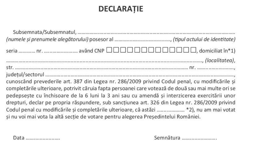 Declaraţia pe propria răspundere pentru votanţii din diaspora, disponibilă pentru descărcare de pe internet
