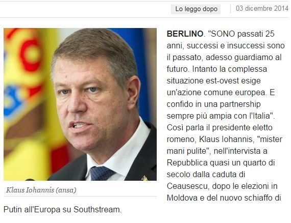 Klaus IOHANNIS, în La Repubblica: Este nevoie de un Guvern de centru-dreapta