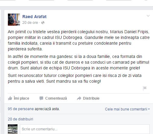 Raed Arafat deplânge moartea pompierului Daniel Fripis