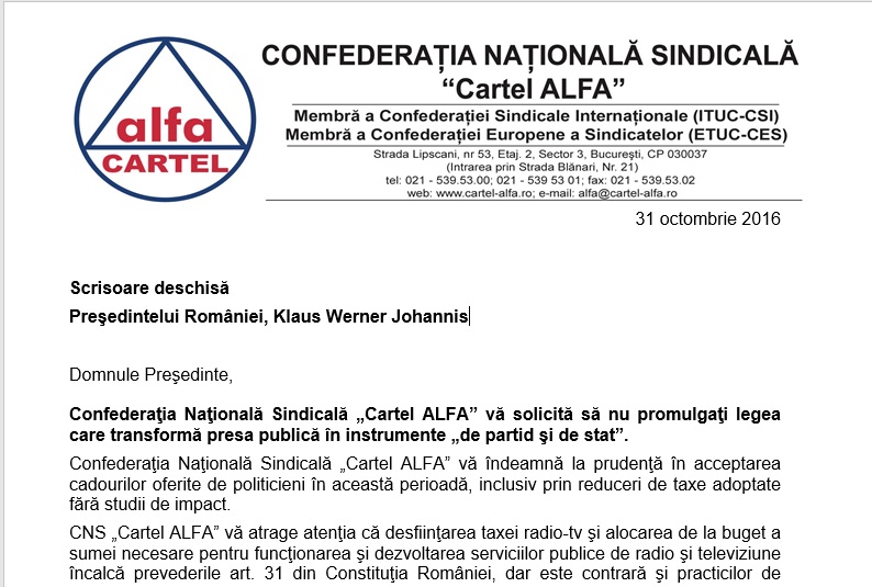 CNS „Cartel ALFA” solicită președintelui Klaus Iohannis să nu promulge legea eliminării taxei radio-tv
