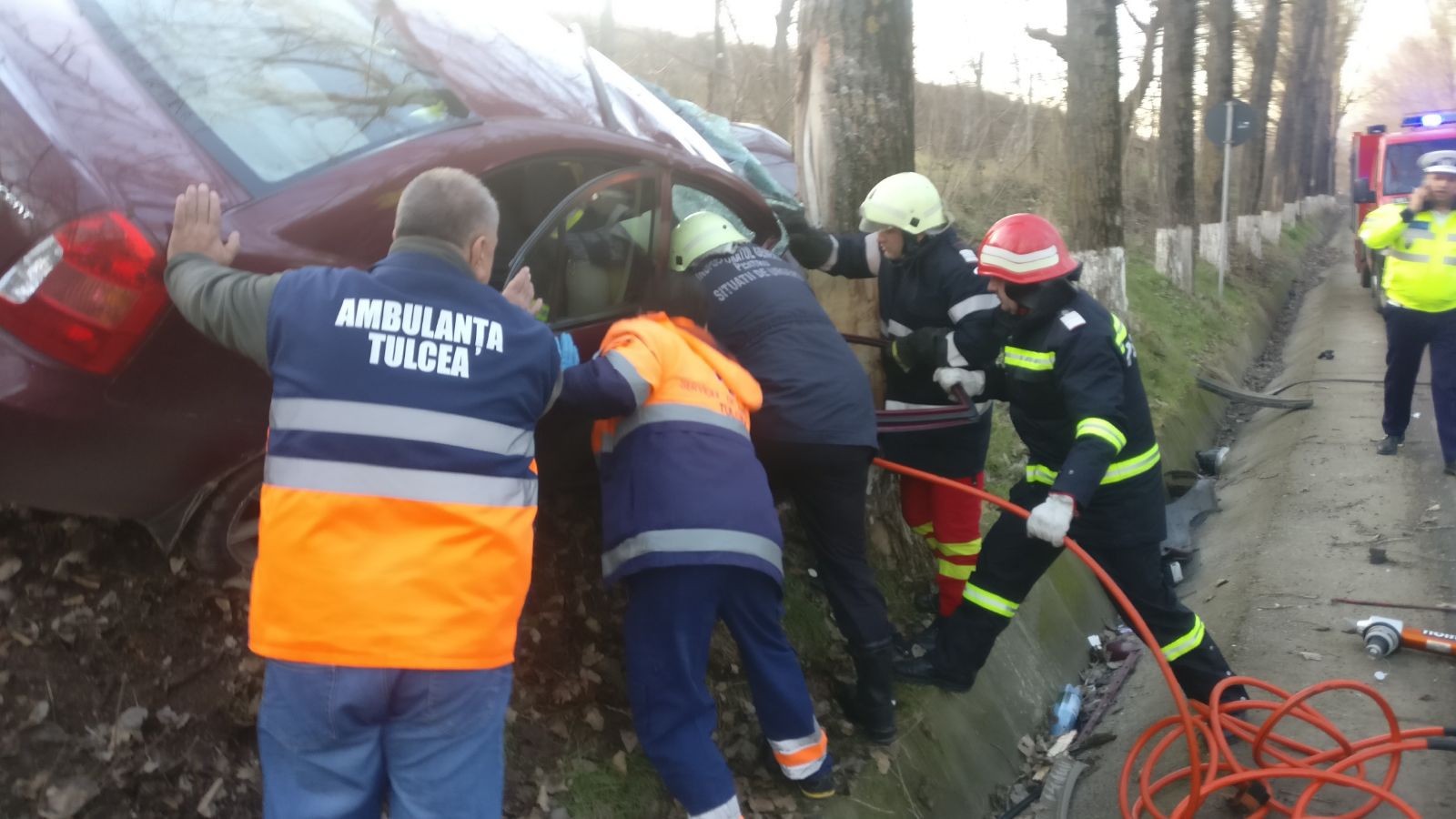 FOTO – TULCEA: Mașină intrată în pom! O femeie a rămas încarcerată