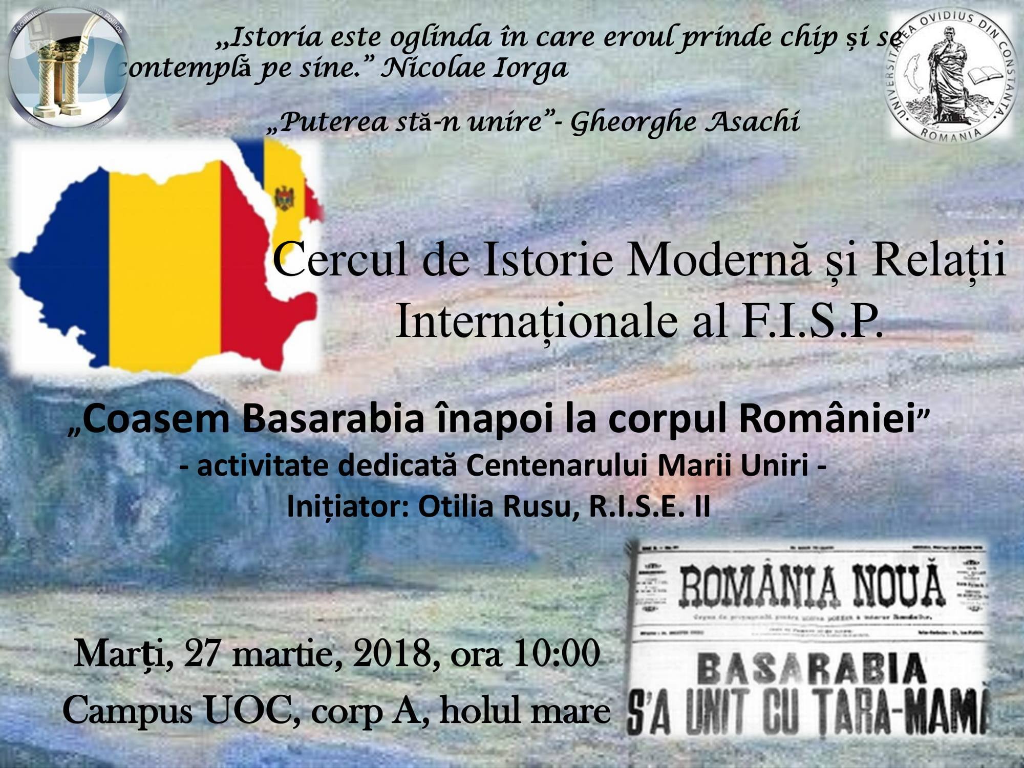 „Coasem Basarabia înapoi la trupul României” -activitate dedicată Centenarului Marii Uniri, la Constanța