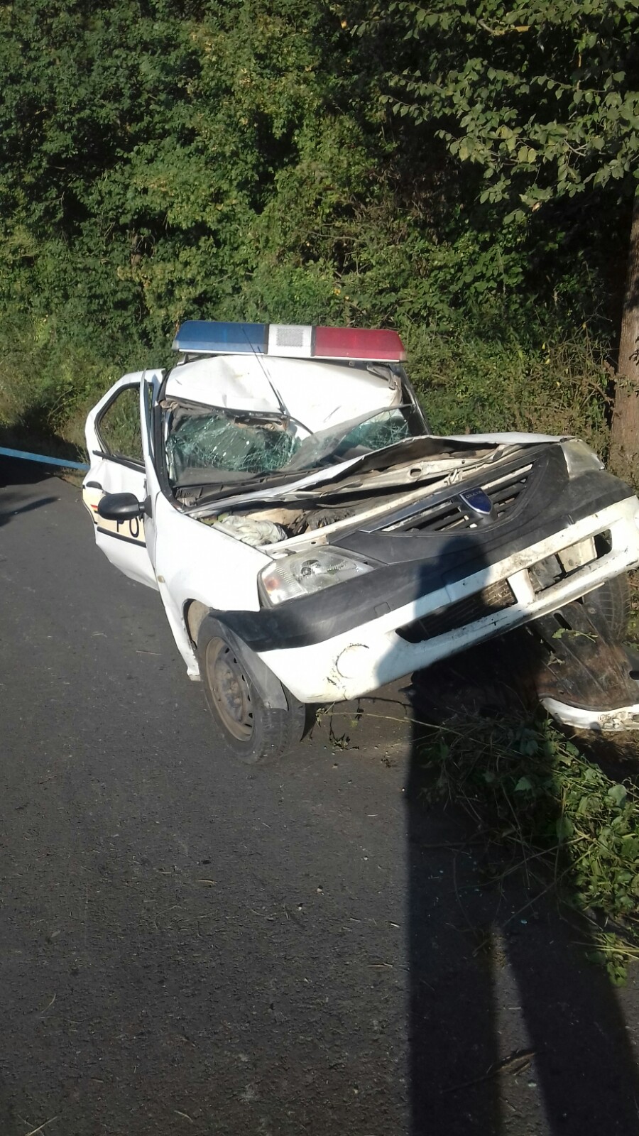 Poliţist în misiune, rănit grav după ce s-a izbit cu maşina de un copac (foto)