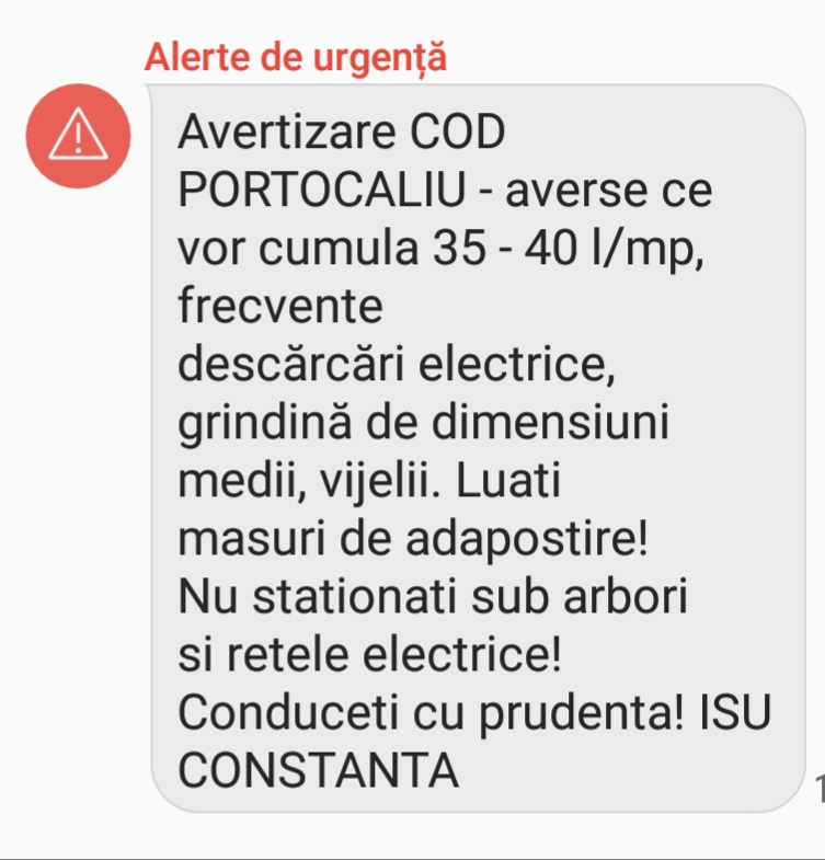 Dobrogea, sub alertă de vreme severă, potrivit mesajului transmis în sistemul RO-ALERT