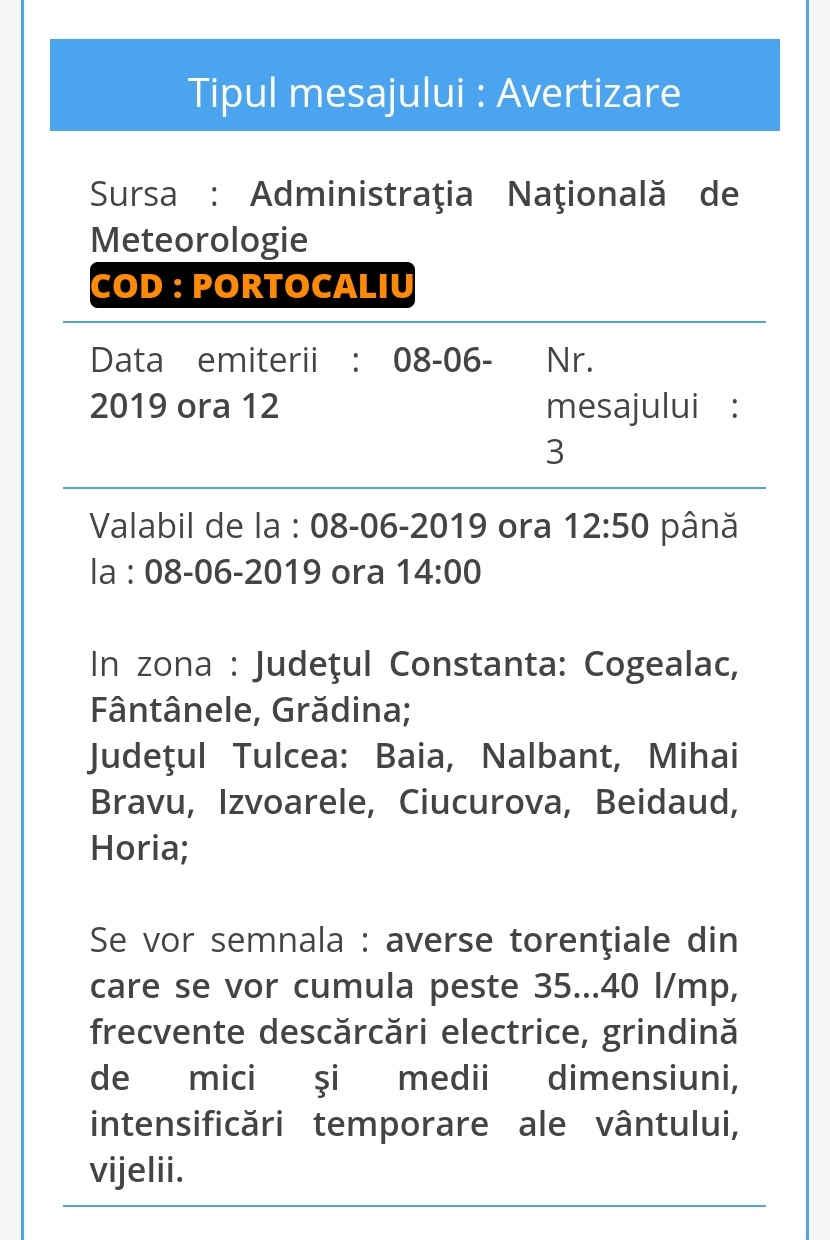 Județele TULCEA și CONSTANȚA, sub Cod Portocaliu