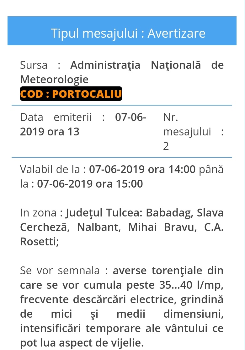 Județul TULCEA, sub Cod Portocaliu