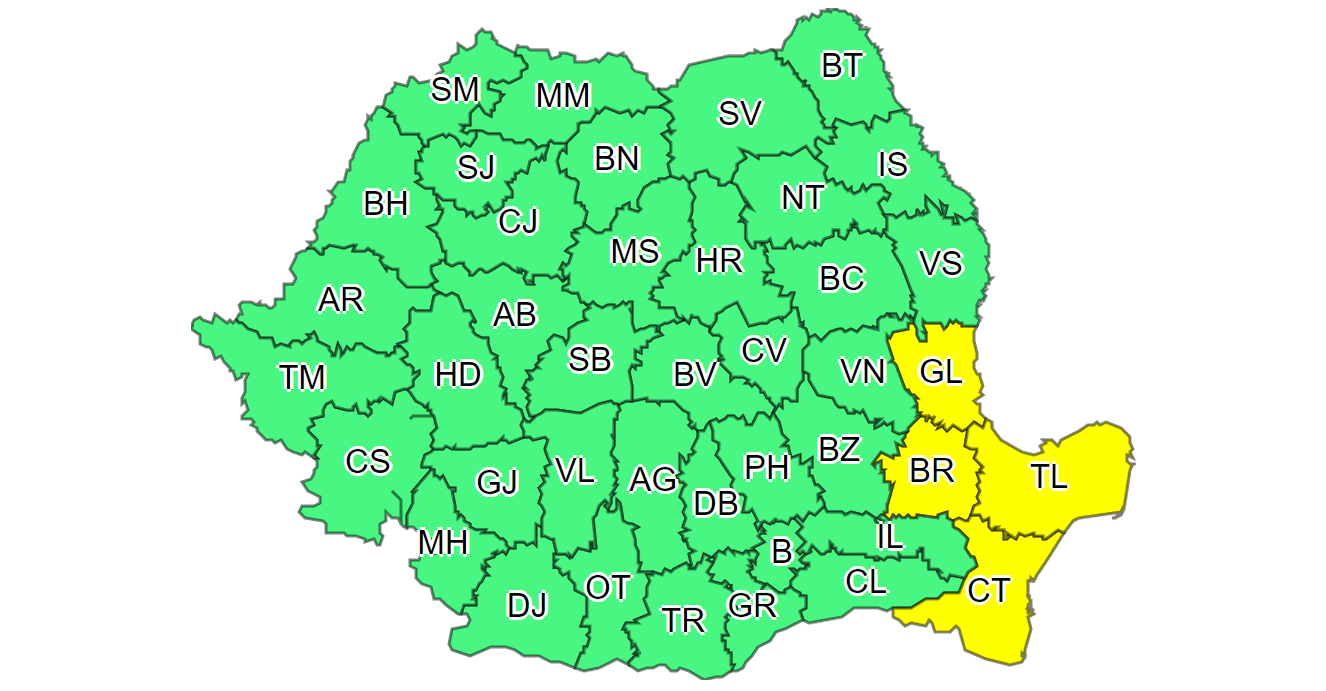 Județele TULCEA și CONSTANȚA, sub atenționare Cod Galben