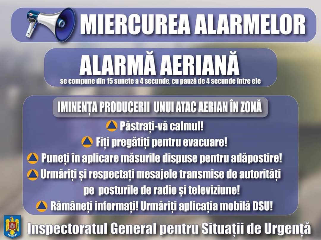 Un nou exercițiu “Miercurea Alarmelor” începe mâine