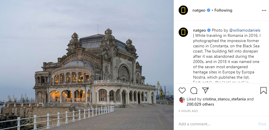 O fotografie a Cazinoului din Constanța, postată pe pagina de instagram a cunoscutei publicații „National Geographic“