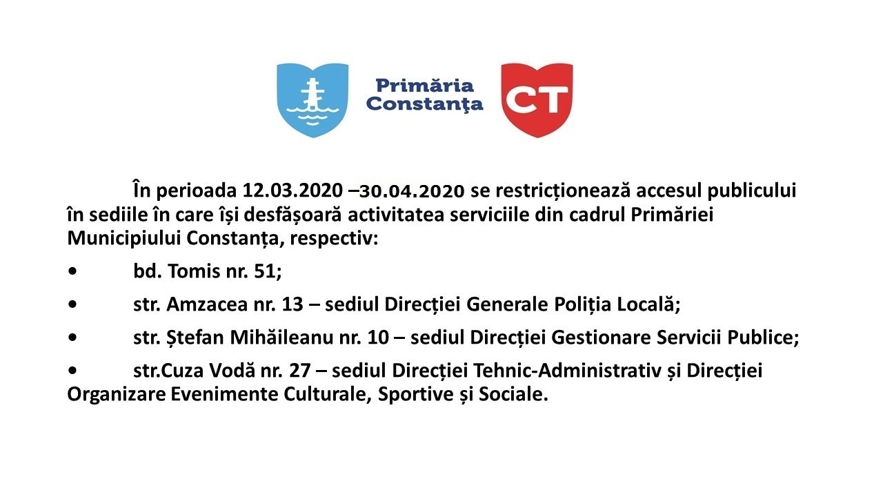 CONSTANȚA: Accesul publicului în sediile Primăriei rămâne restricționat. Municipalitatea a pus la dispoziție adrese de e-mail și numere de telefon pentru fiecare direcție și serviciu care se află în subordinea sa