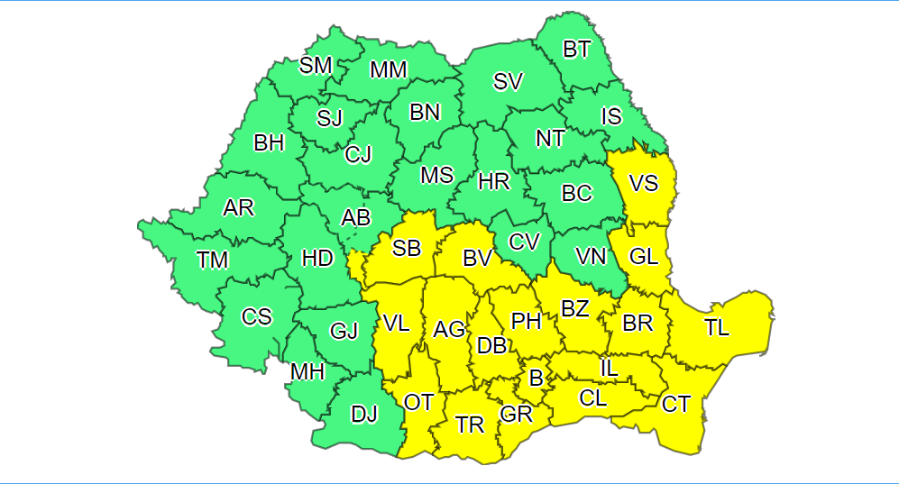 Județele CONSTANȚA și TULCEA vizate de un cod galben de vreme rea