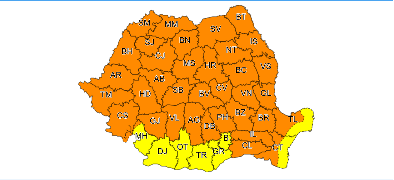 Cod portocaliu de ploi torenţiale şi vânt puternic în cea mai mare parte a ţării, până luni la 03:00