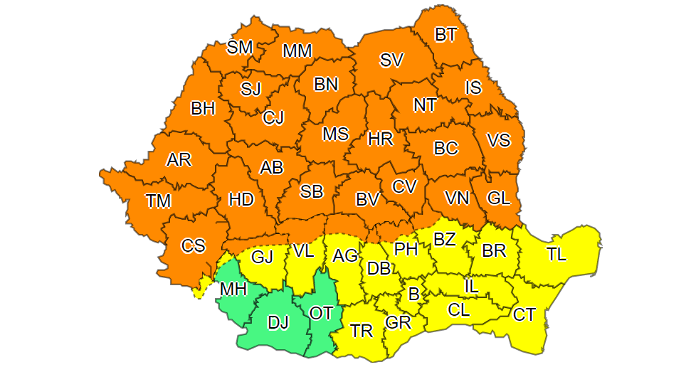 Coduri portocalii și galbene în aproape toată țara. Dobrogea este vizată de un cod galben