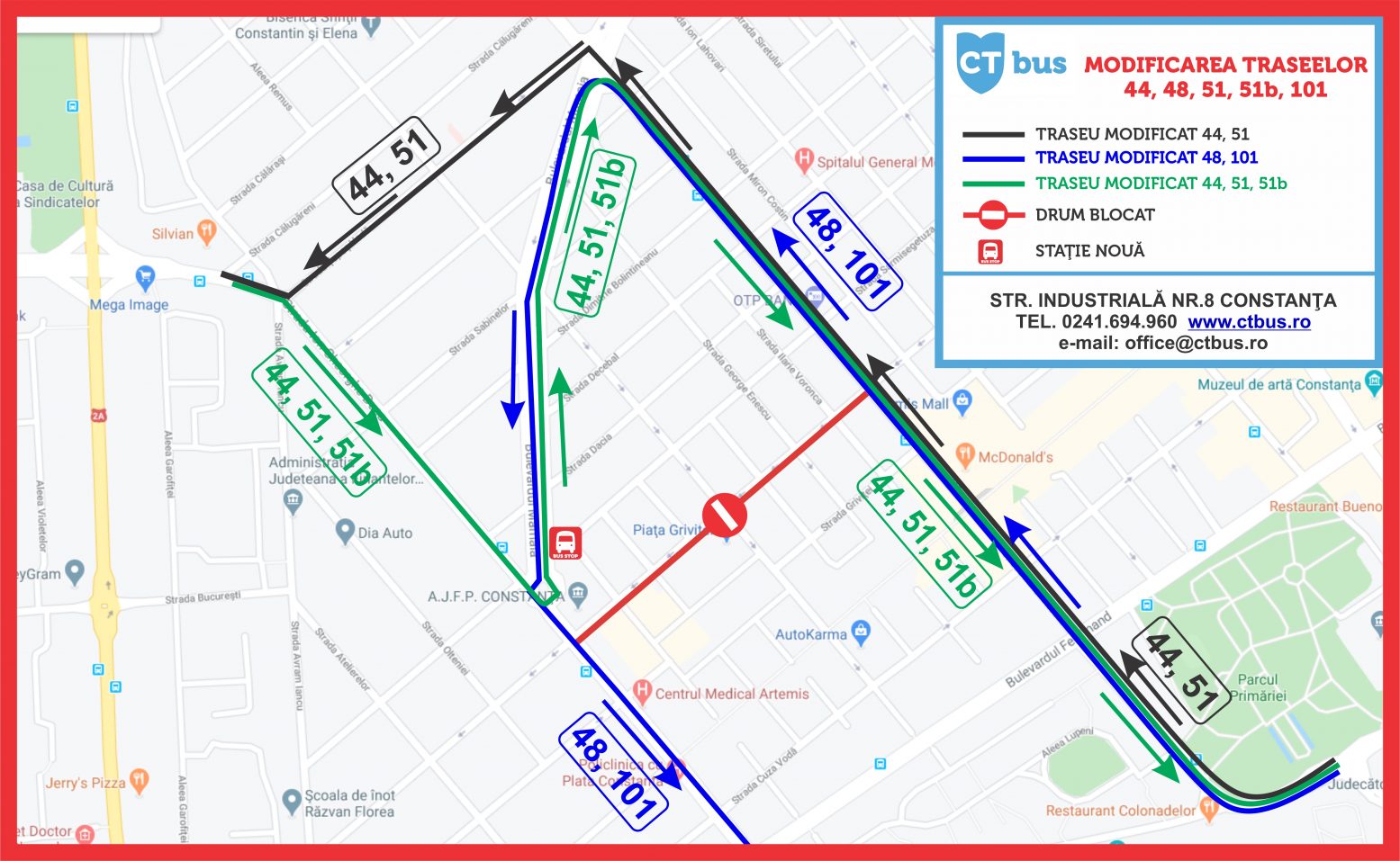 CT BUS modifică traseele liniilor 44, 48, 51, 51b și 101