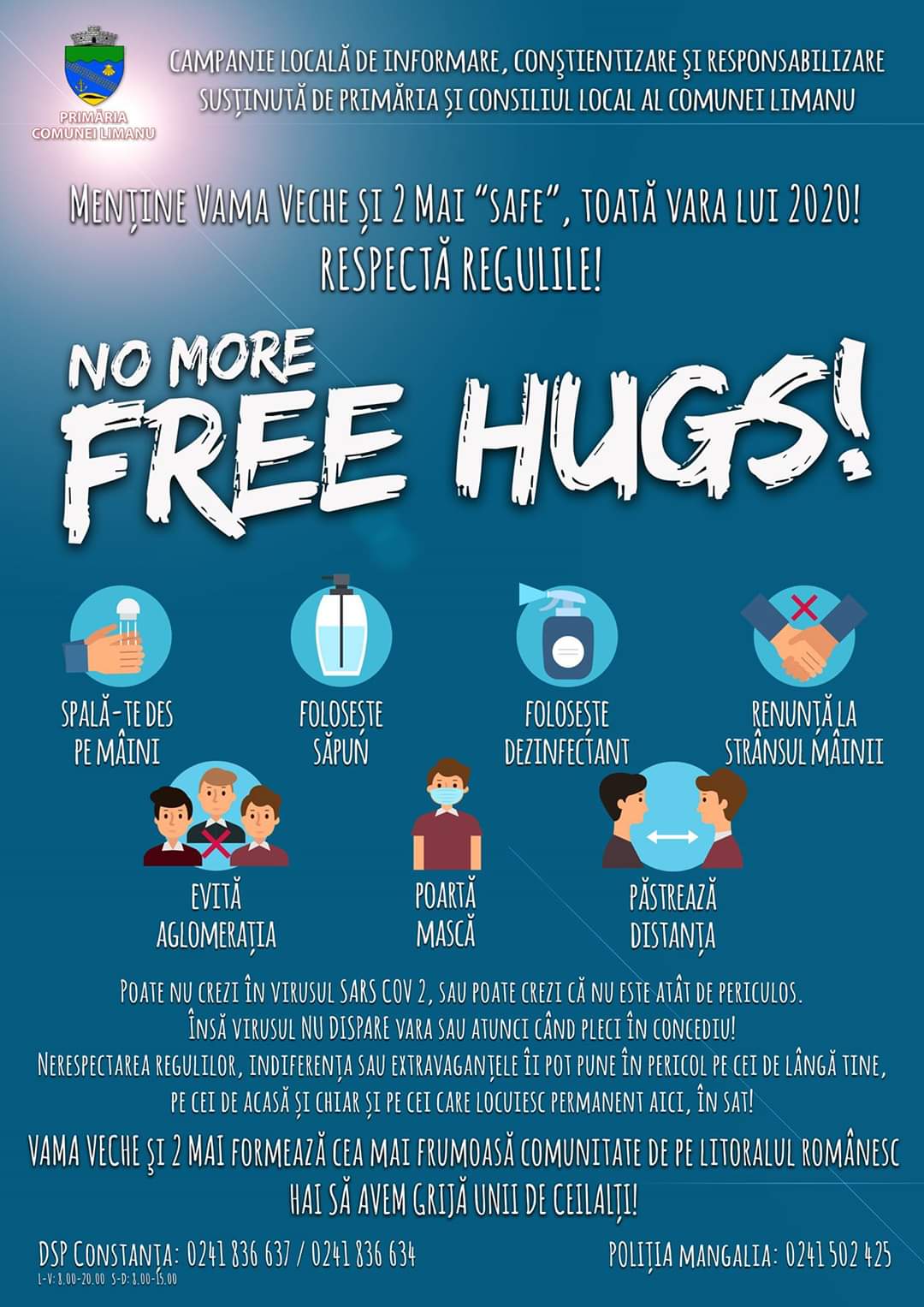 LIMANU: „NO MORE FREE HUGS”, campania de conștientizare privind îmbolnăvirile cu noul coronavirus