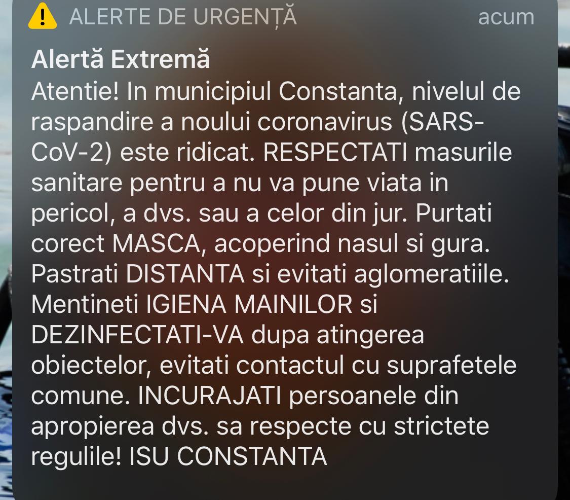 Mesaj RO-ALERT în Constanţa, după creşterea ratei de infectare cu noul coronavirus. Prefectul, apel către populaţie!