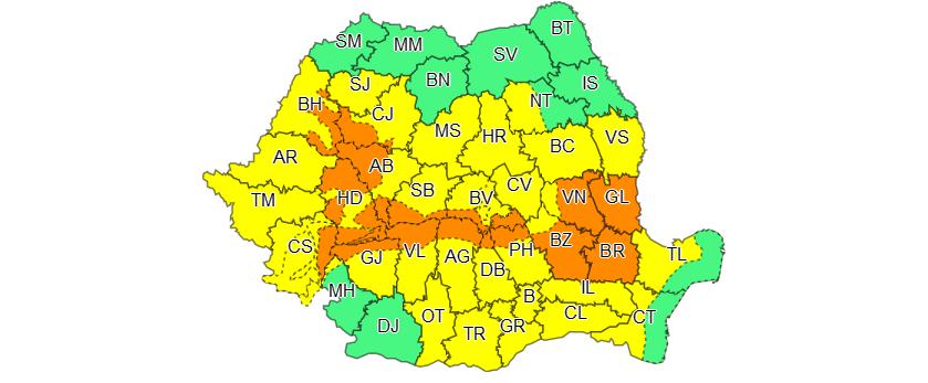 ANM: Avertizările Cod galben şi Cod portocaliu de ploi, extinse la 34 de judeţe şi Municipiul Bucureşti