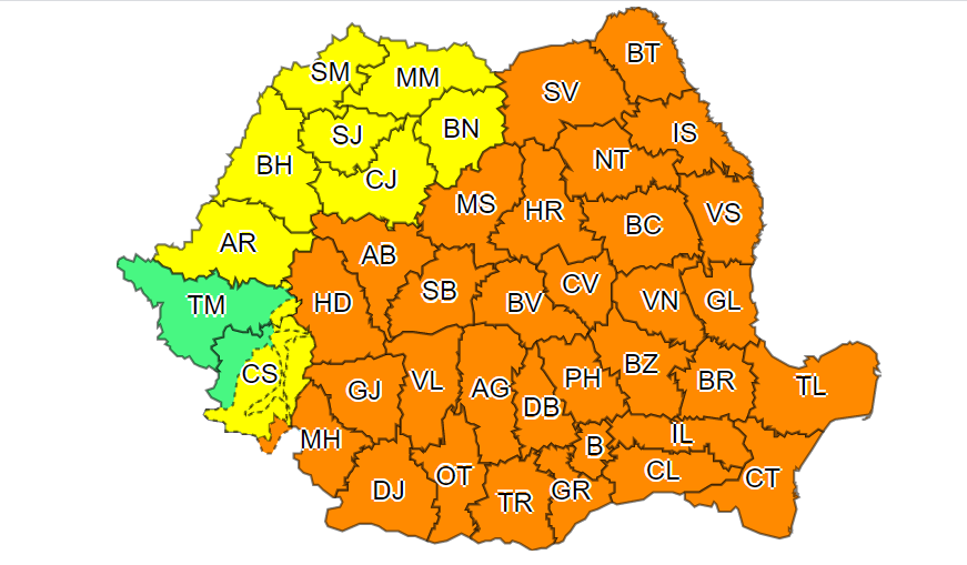 Județele CONSTANȚA și TULCEA sub cod PORTOCALIU de vijelii, grindină de medii și mari dimensiuni și averse torențiale
