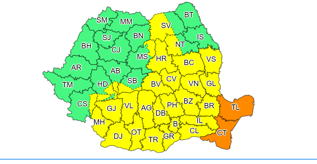 Județele CONSTANȚA și TULCEA vizate de un nou cod PORTOCALIU