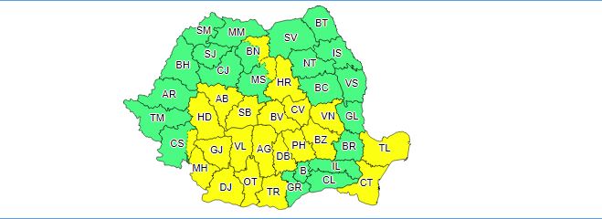 Județele Constanța și Tulcea, sub cod galben de ploi torențiale și grindină