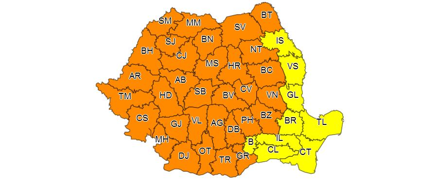 Cod portocaliu de grindină şi vijelii în 32 de judeţe, de vineri după-amiaza până duminică dimineaţa
