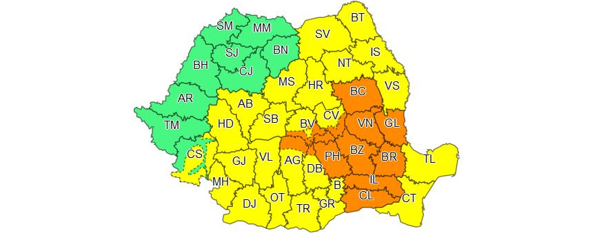 Cod portocaliu de ploi abundente în 12 judeţe până sâmbătă seara; Cod galben în alte 24 de judeţe şi Bucureşti
