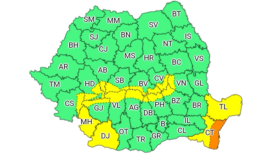 Județele Constanța și Tulcea sunt vizate de coduri galbene și portocalii