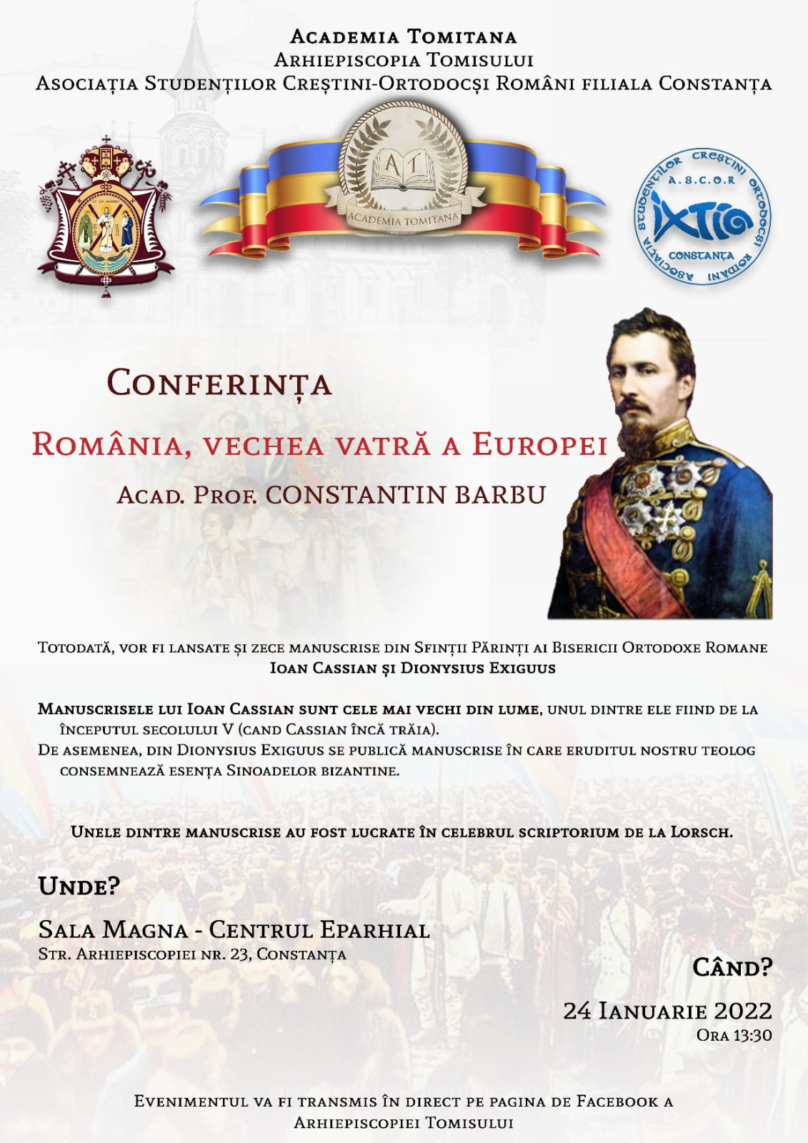CONSTANȚA: Conferința „România, vechea vatră a Europei” și lansare de carte de Ziua Unirii Principatelor