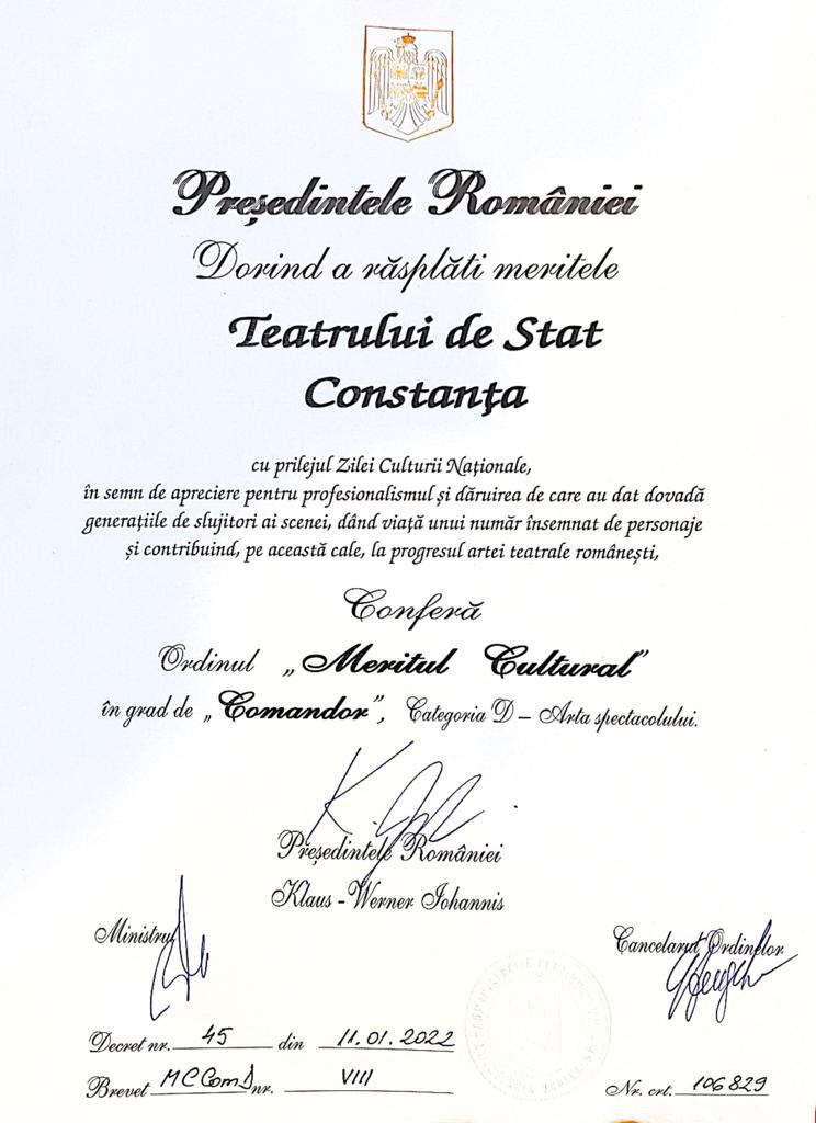 CONSTANŢA: Teatrul de Stat a fost distins cu Ordinul Meritul Cultural în grad de Comandor