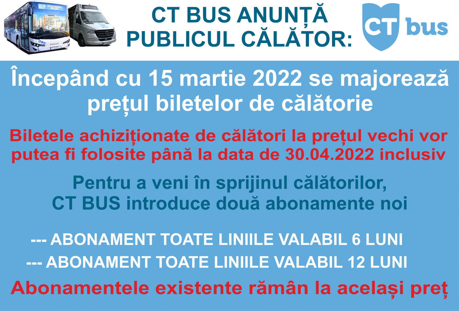CONSTANȚA: Bilet de călătorie mai scump la CT Bus