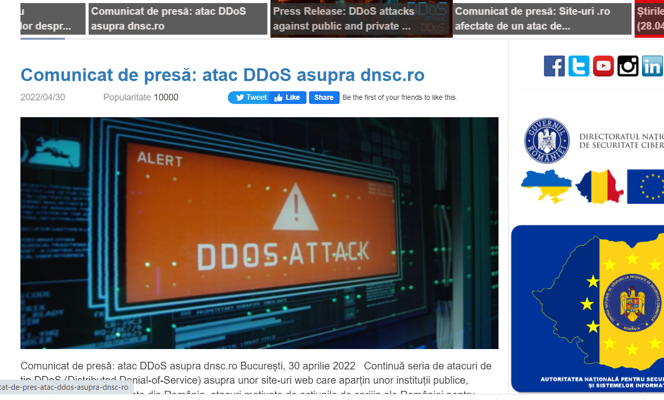 Continuă seria de atacuri DDoS; site-ul DNSC a fost atacat sâmbătă, la ora 2:30