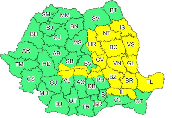 Județul TULCEA: COD GALBEN de vijelii, descărcări electrice, averse torenţiale şi izolat grindină