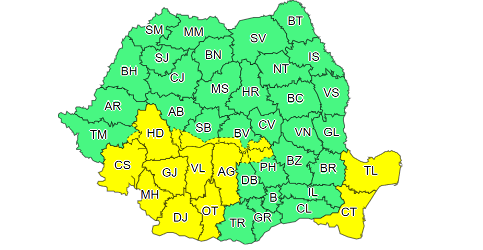 CONSTANȚA/TULCEA: COD GALBEN de furtuni, vijelii, grindină şi instabilitate atmosferică