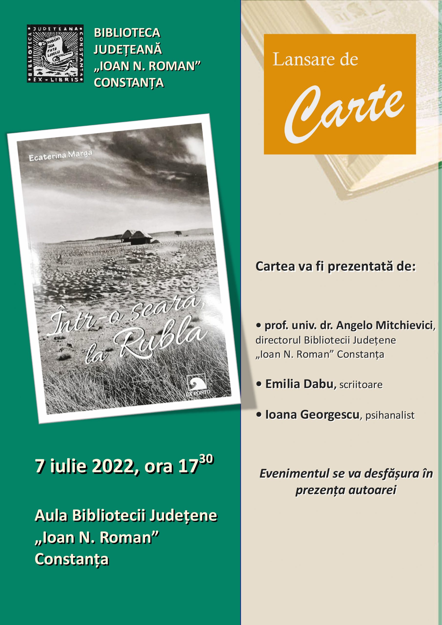 CONSTANŢA: Lansare de carte, la Biblioteca Județeană „Ioan N. Roman”