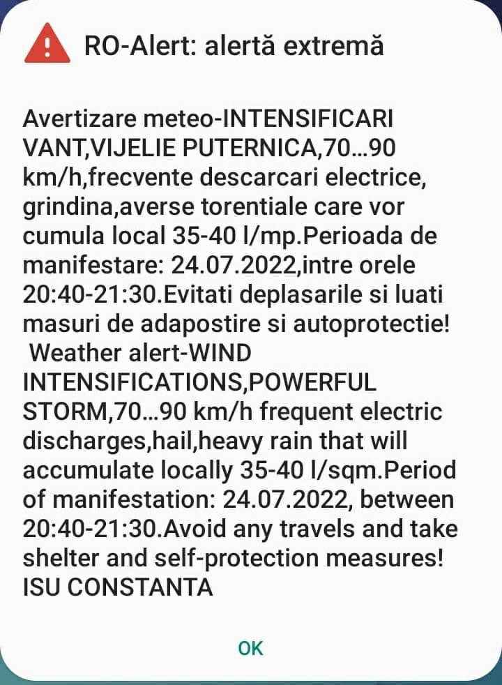 Plouă TORENȚIAL în CONSTANȚA. A fost emis mesaj RO-ALERT
