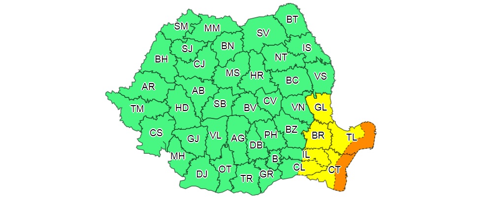 ANM: Alerte de ploi abundente în judeţele Tulcea, Constanţa, Galaţi, Brăila, Ialomiţa şi Călăraşi