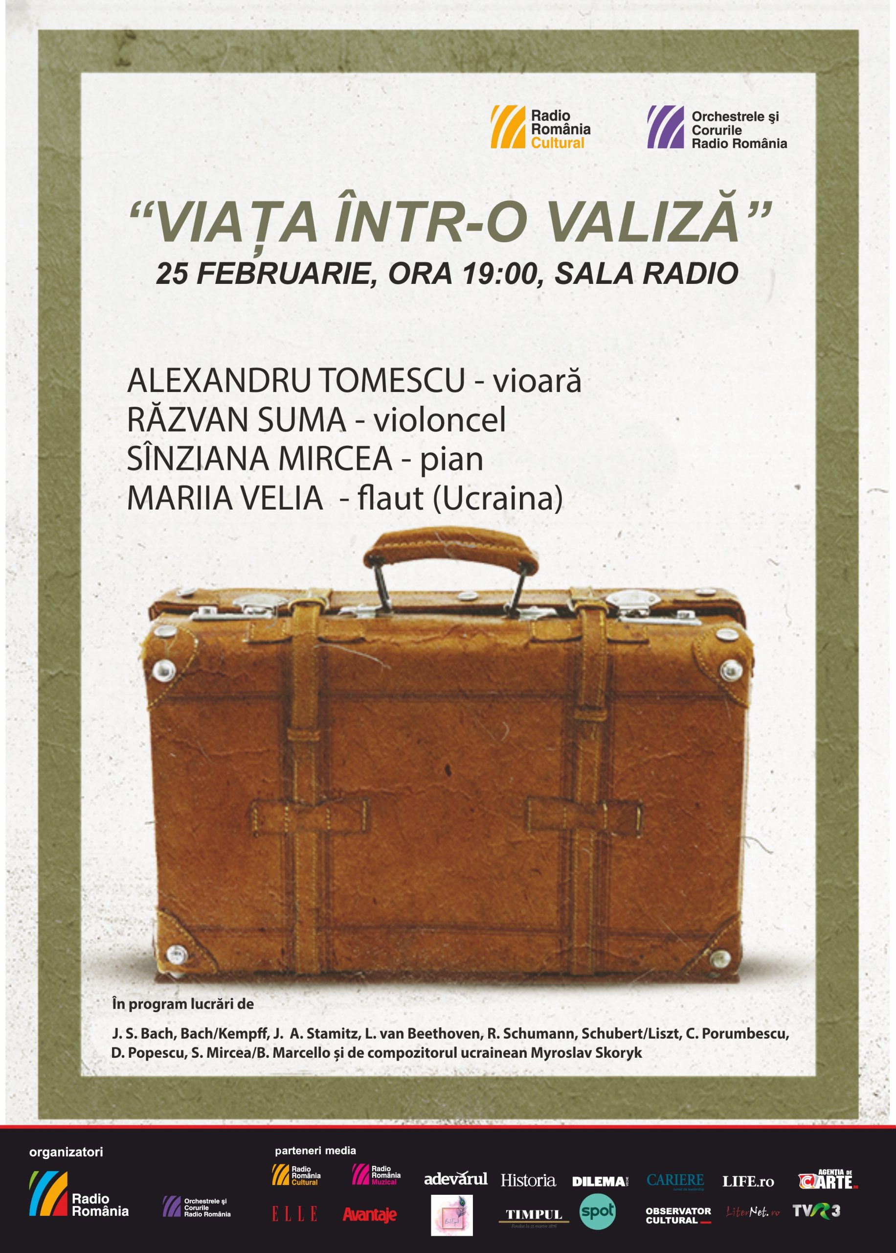 Alexandru Tomescu, Răzvan Suma și Sînziana Mircea urcă pe scena Sălii Radio, în cadrul concertului „Viața într-o valiză”