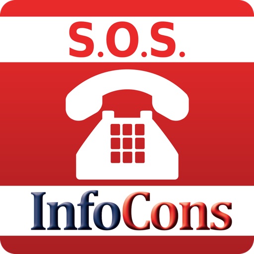Secţiunea SOS din aplicaţia gratuită InfoCons, disponibilă şi off-line. Aici găsiți numere de telefon utile în situații de urgență sau lista adăposturilor de protecție civilă