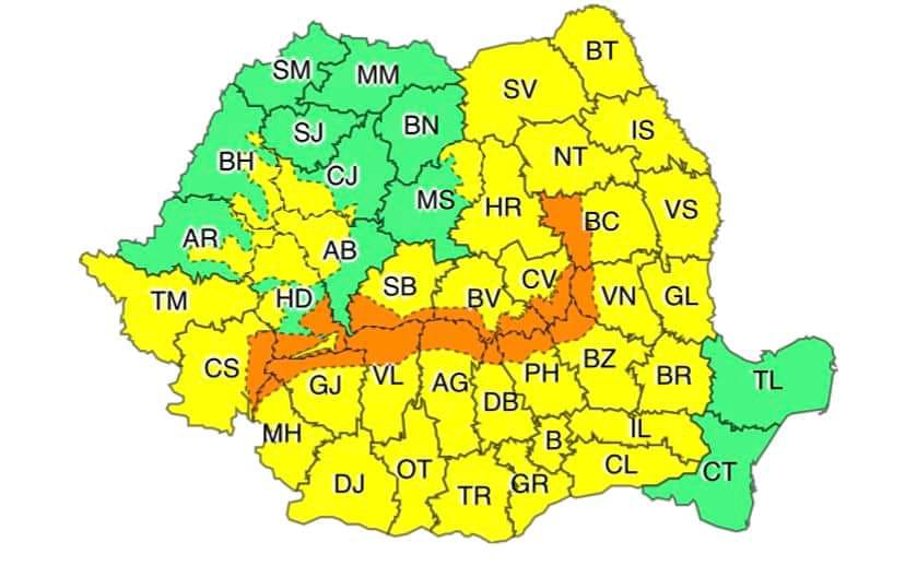 Avertizare meteorologică cod galben, emisă de ANM