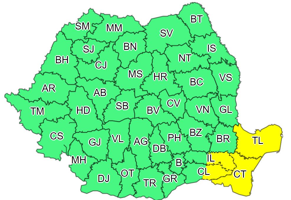 Cod galben de averse și vânt puternic în Dobrogea
