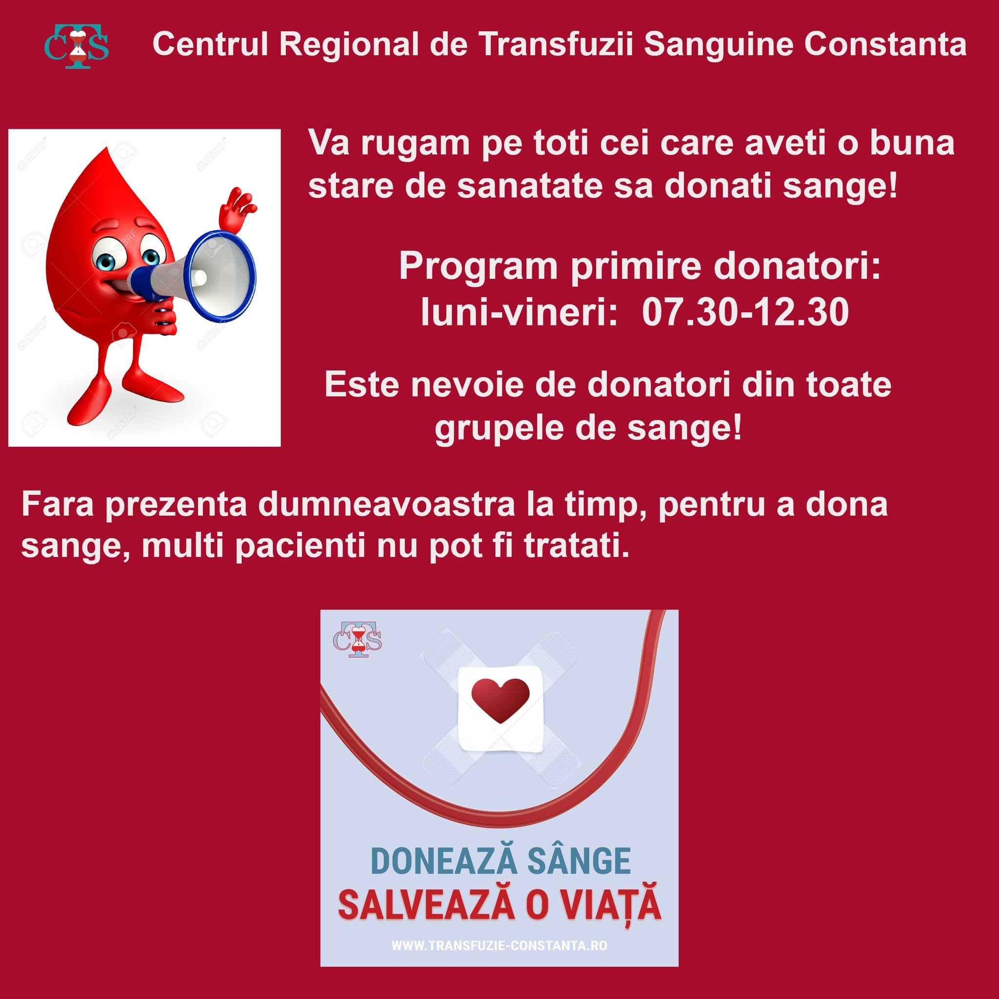 Centrul Regional de Transfuzii Sanguine face apel către constănțeni să doneze sânge!