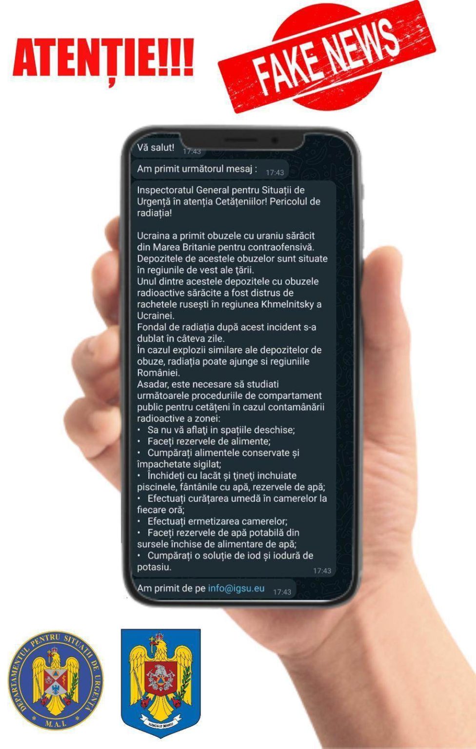Un MESAJ FALS privind o alertă de radioactivitate, atribuit IGSU, circulă prin intermediul WhatsApp