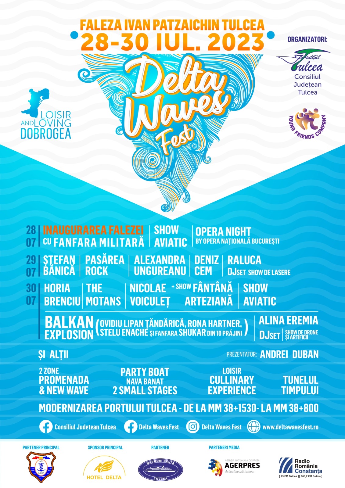 TULCEA: Inaugurarea falezei – Festivalul Delta Waves. Concerte Pasărea Rock, Ștefan Bănică, The Motans, Horia Brenciu și alții
