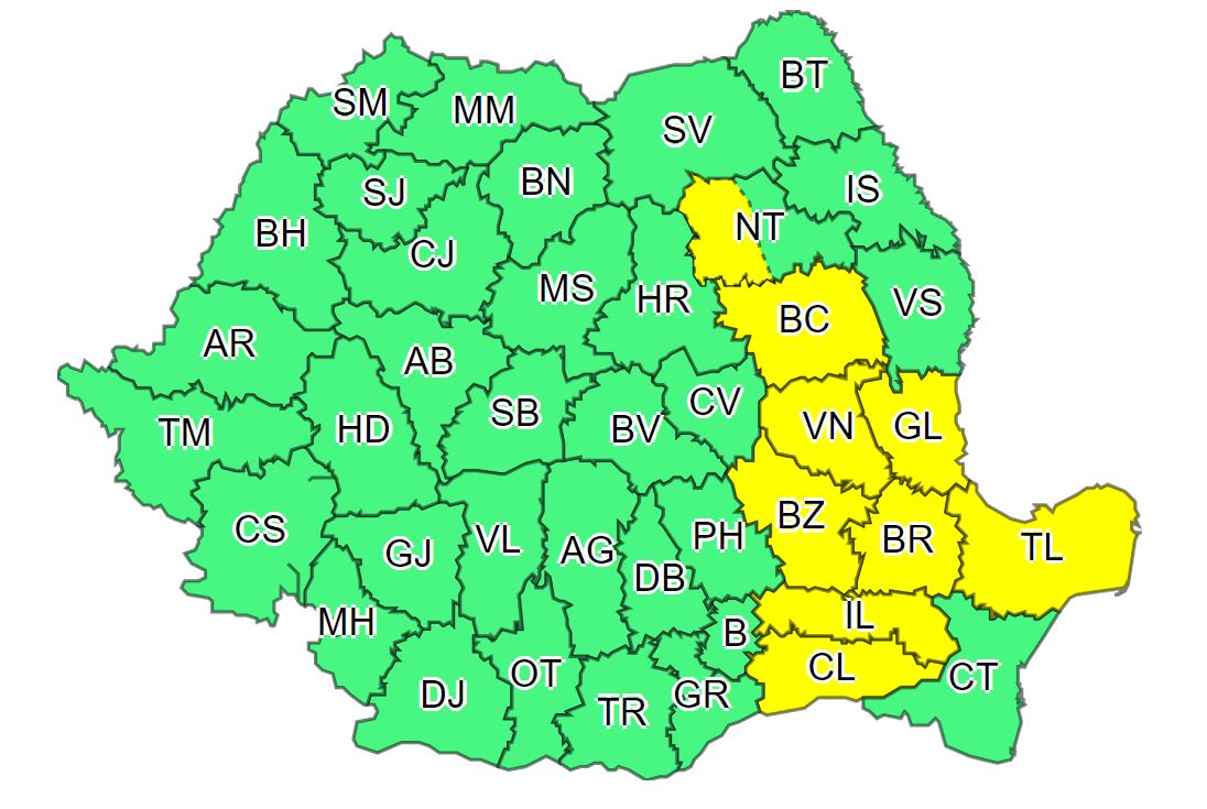 Județul TULCEA: Cod GALBEN de vijelii, averse, descărcări electrice și grindină