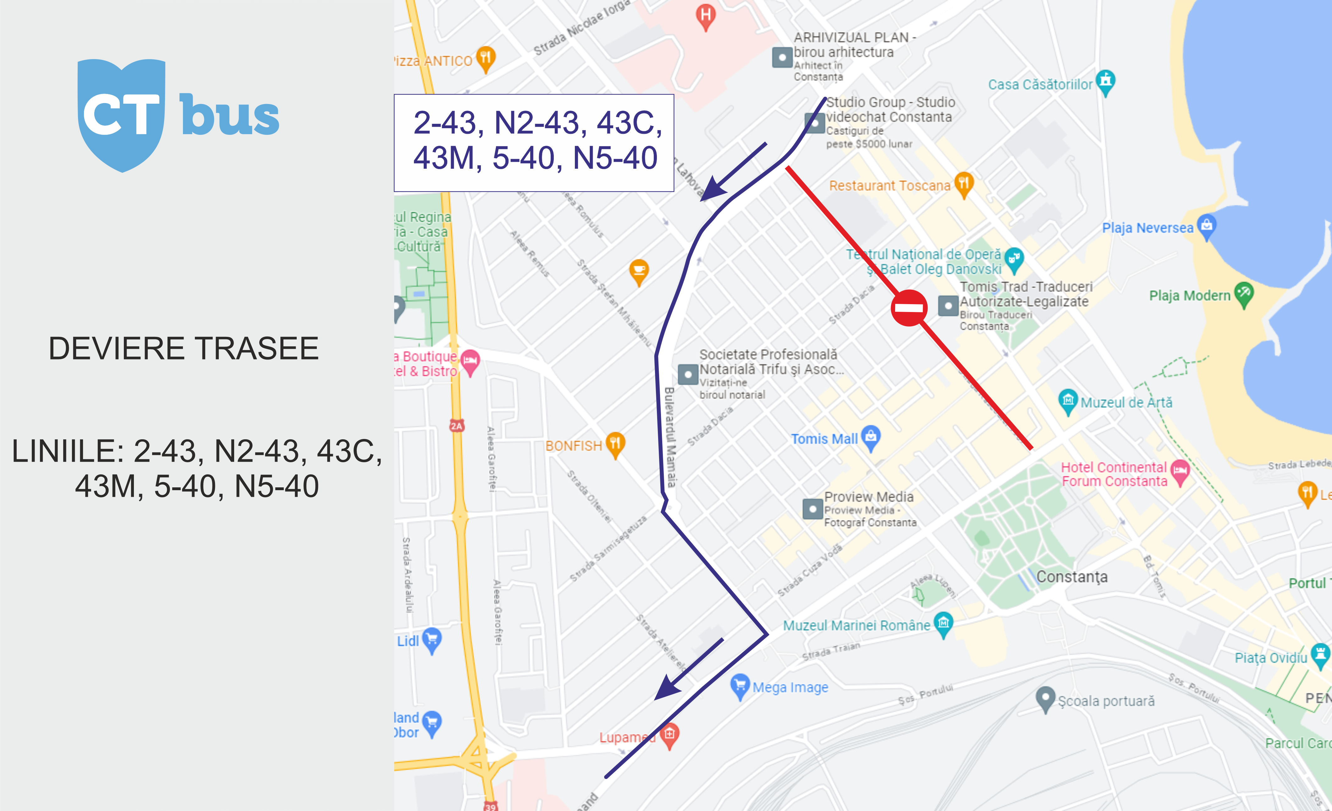 CONSTANŢA: În perioada 10-12 iulie, autobuzele mai multor linii CT BUS circulă deviat