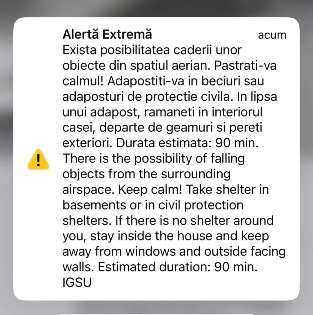 Județul TULCEA: Un nou mesaj Ro-Alert. MApN – ”Posibilă pătrundere neautorizată în spaţiul aerian naţional”