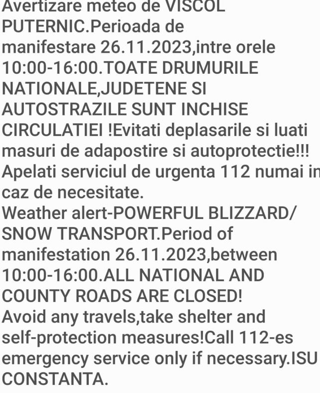 CONSTANȚA: TOATE DRUMURILE NAȚIONALE ȘI JUDEȚENE SUNT ÎNCHISE! Codul Roșu de vreme rea este prelungit.