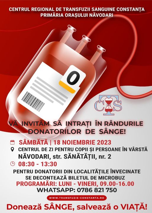 O acţiune de donare de sânge va avea loc în oraşul Năvodari