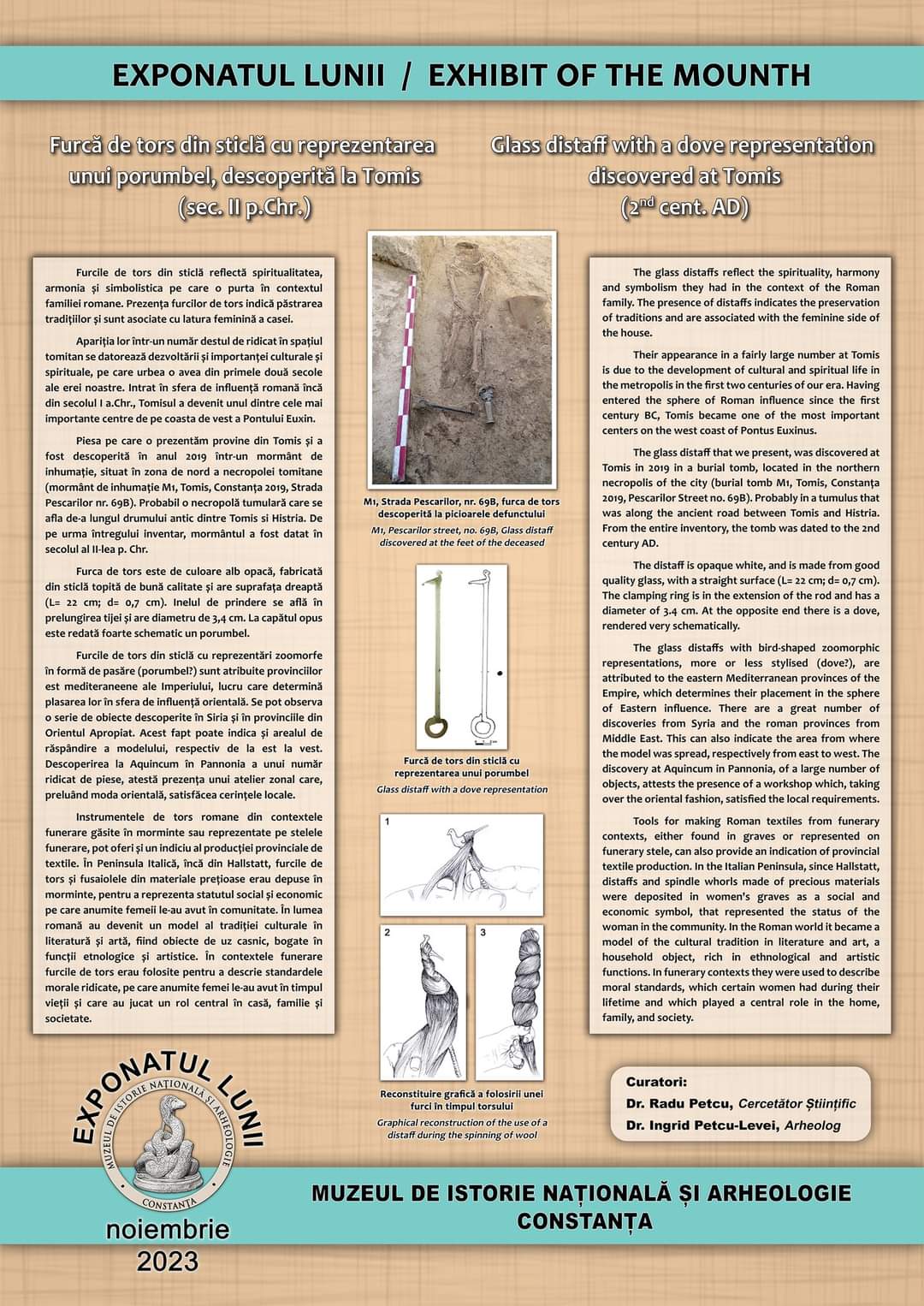 ”Furcă de tors din sticlă cu reprezentarea unui porumbel”, exponatul lunii la Muzeul de Istorie Națională și Arheologie Constanța